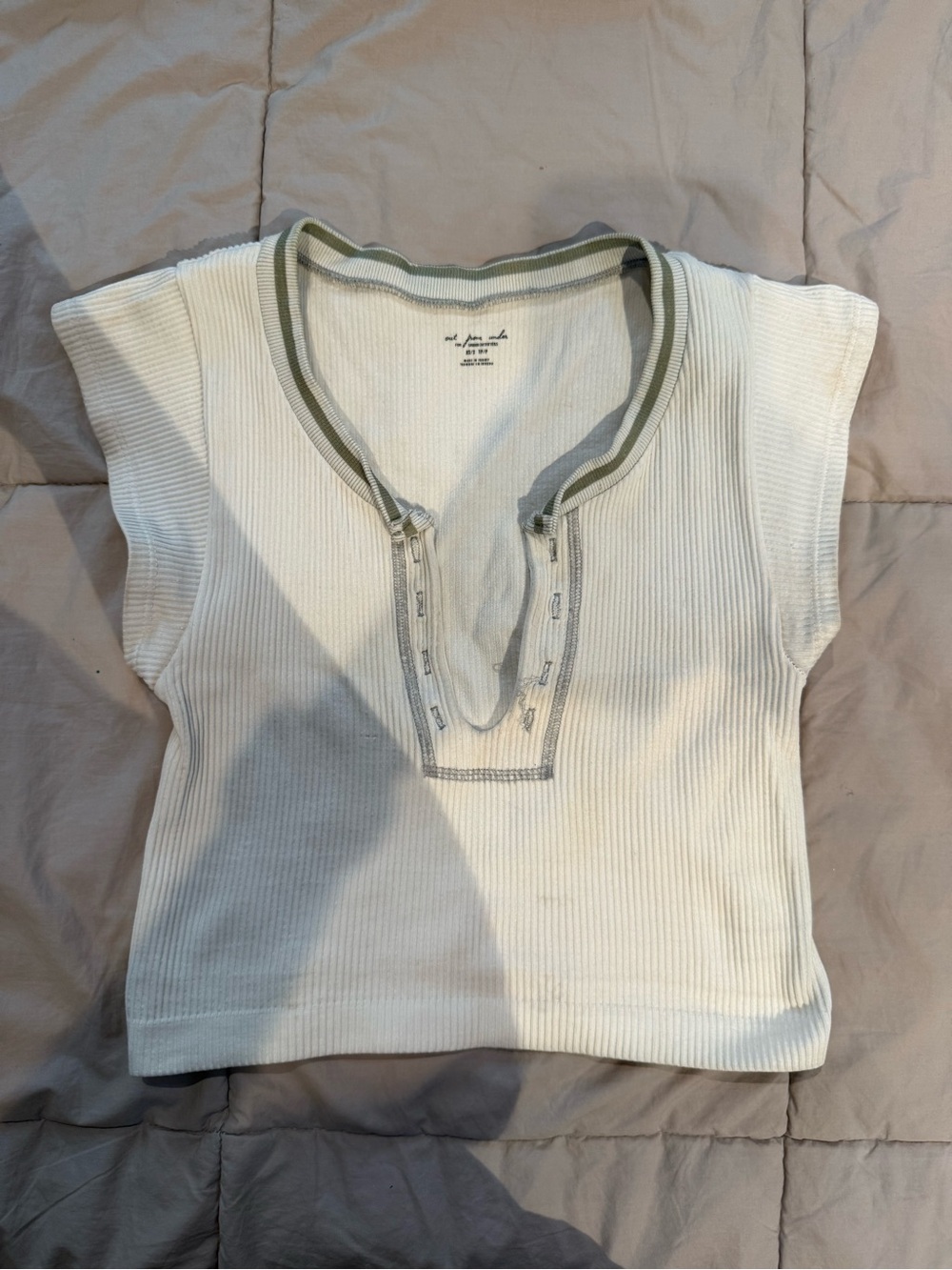Urban Outfitters Cream Ribbed Henley Crop Top with Olive Trim